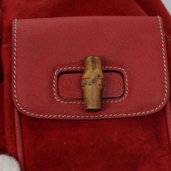 GUCCI Bamboo Backpack Suede Leather Red Gold - Picture 13 of 16